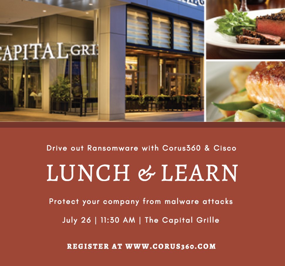 Corus360's tweet photo. #Raleigh, join us next week with @Cisco for lunch as we discuss the anatomy of a #ransomware attack. https://t.co/idtWc6Ff8f https://t.co/bSiv8ElTtH