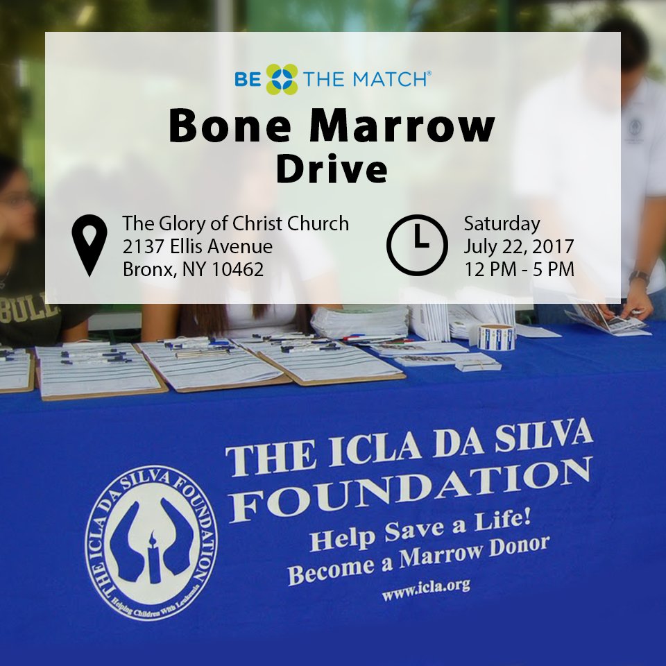 IcladaSilvaFdn's tweet photo. RT &amp; Join Us! Stop by our #MarrowDrive tom 12-5pm at Glory of Christ Church in the #Bronx and you could save a life! #bethematch https://t.co/eXiRollwua