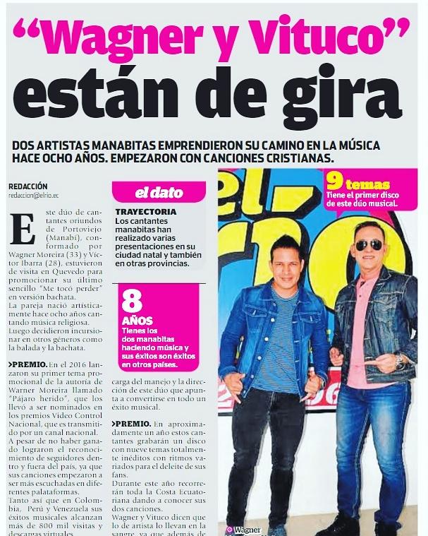 Gracias al Diario El Rio de Quevedo #PájaroHerido #WagneryVituco #Bachata #Musica #2017