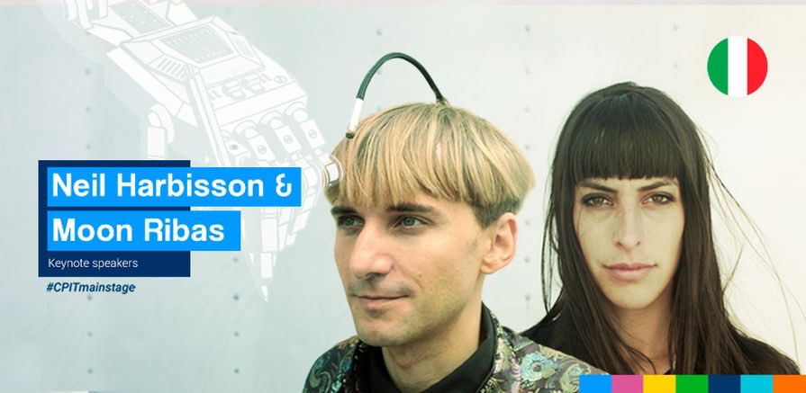 campuspartyIT's tweet photo. Neil Harbisson e Moon Ribas tra poco sul palco di #CPIT1 per parlare di Cyborg Art. https://t.co/l6sFqTFEi3