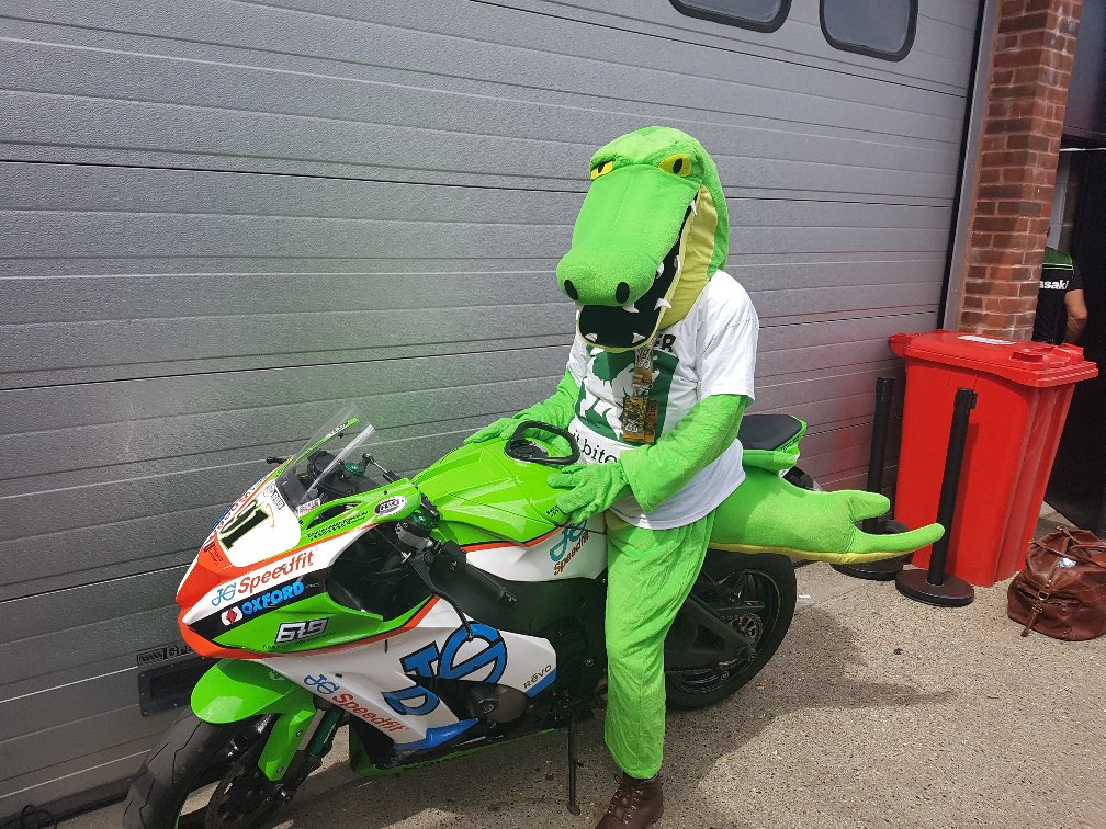 DatatagID's tweet photo. After the @TAG_Racing Giraffe, @JGSpeedfitKawa have a snappy new mascot for @Brands_Hatch ! https://t.co/QJHJY3dkAj