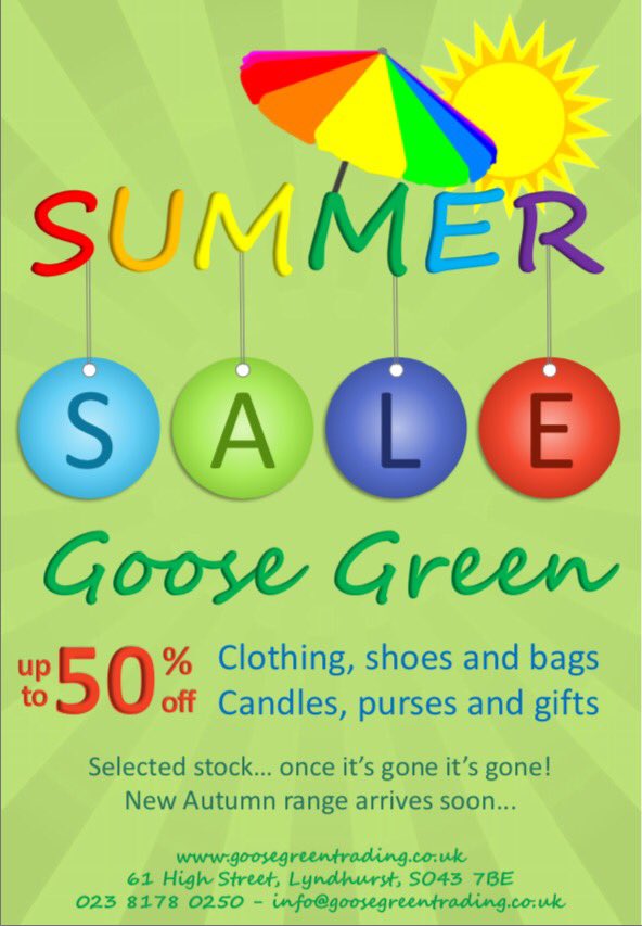 <a href="/GooseGreenHants/">Goose Green</a> #summersale NOW ON #bags #purses #clothing #shoes #candles #gifts up to 50% off!! #bargains