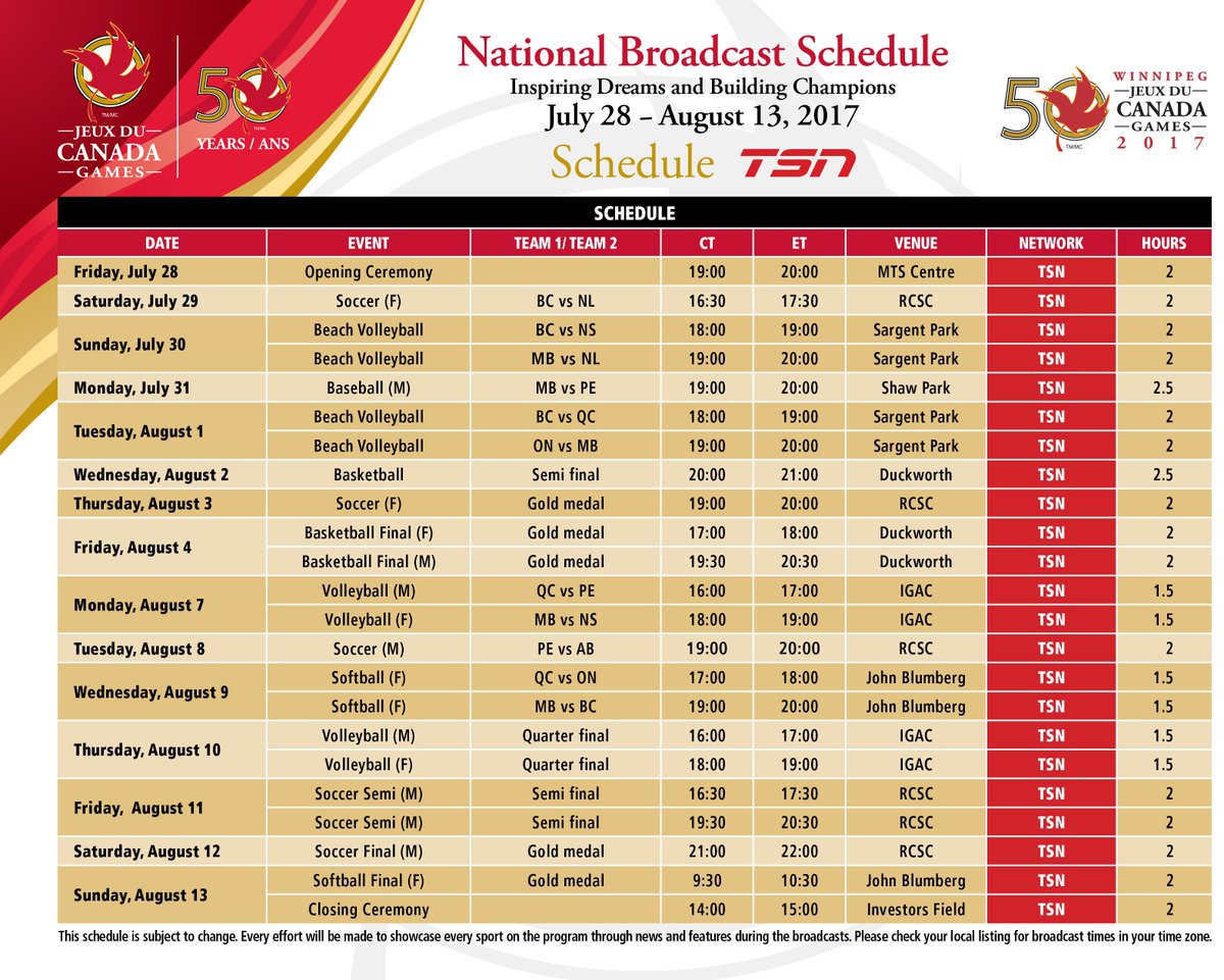 CanadaGames's tweet photo. Here it is, the @TSN_Sports broadcast schedule for @2017CanadaGames!

More info: https://t.co/J8yjoA8Xpc

#JCG2017 https://t.co/Wyxjpijutn