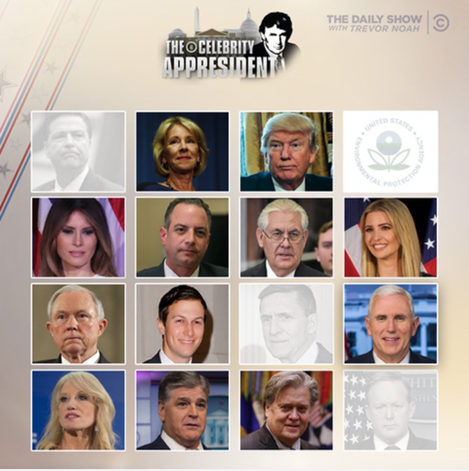 TheDailyShow's tweet photo. Who will be the next to go?! 
#TheCelebrityAppresident https://t.co/ThYTH6ZDZO