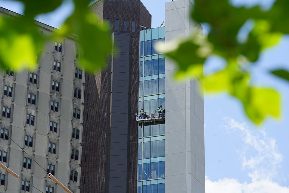 UMassLowell's tweet photo. Fox Hall elevators are nearly complete. See what other overhauls are underway this summer. #WhileYouAreOut https://t.co/nVkgz4N5mi https://t.co/okYrtrXnuO
