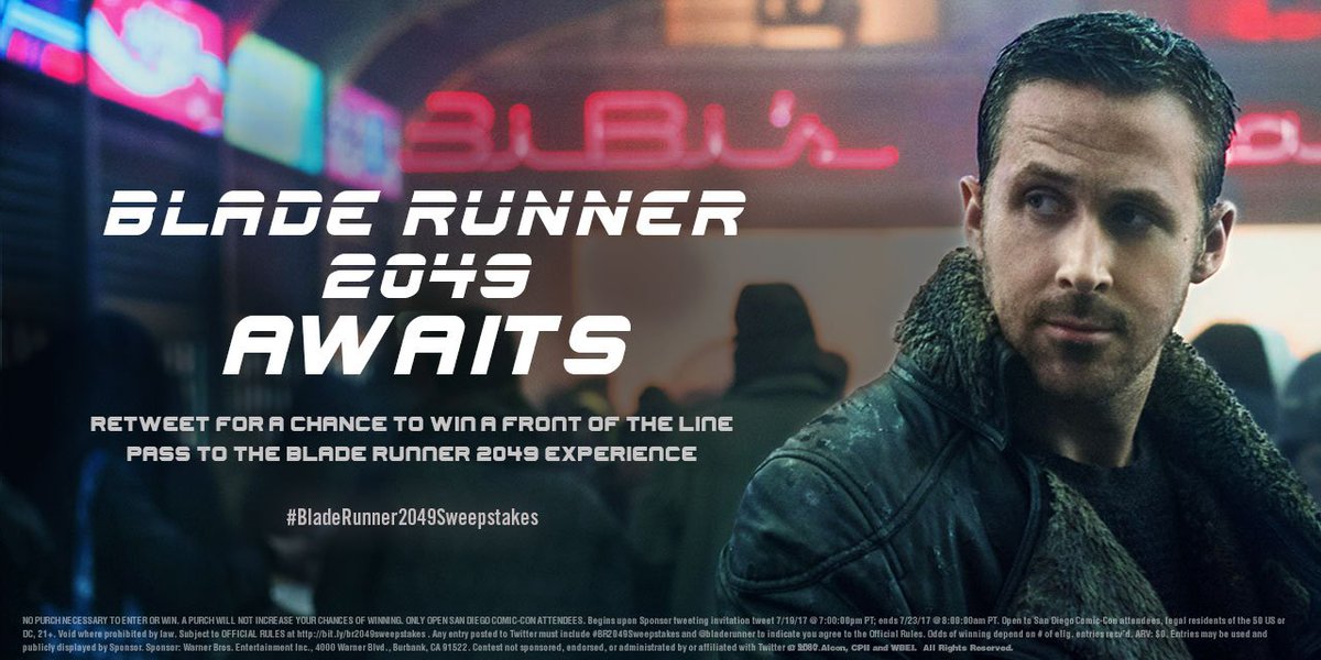 bladerunner's tweet photo. RT to win a front of the line pass for the #BladeRunner2049 Experience at #SDCC! #BladeRunner2049Sweepstakes Rules: https://t.co/n0kGdhNM68 https://t.co/qfegtSu47w