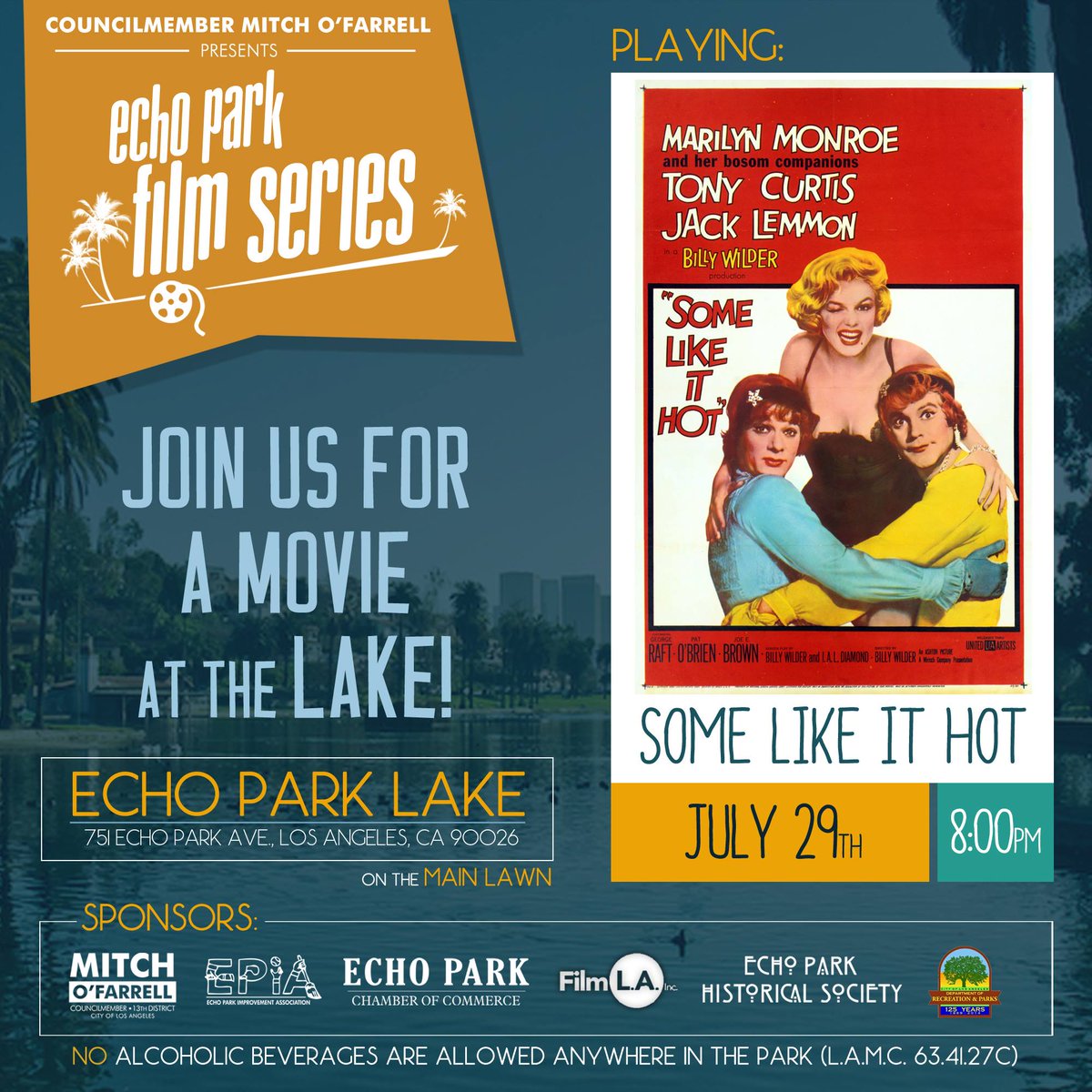 epimprovement's tweet photo. Join us tonight at #EchoParkLake for Some Like It Hot movie - free &amp; family friendly!
https://t.co/nc9czny4W5
#HappeninginNELA #EchoPark https://t.co/qOe2fJpg2O