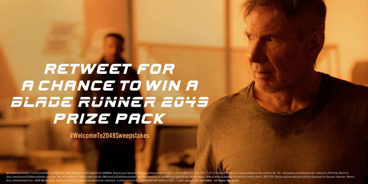 bladerunner's tweet photo. Retweet for a chance to win an exclusive #BladeRunner2049 prize pack. #RoadTo2049Sweepstakes #SDCC Official rules: https://t.co/jamNKWOUCX https://t.co/kNTQI2BZhY