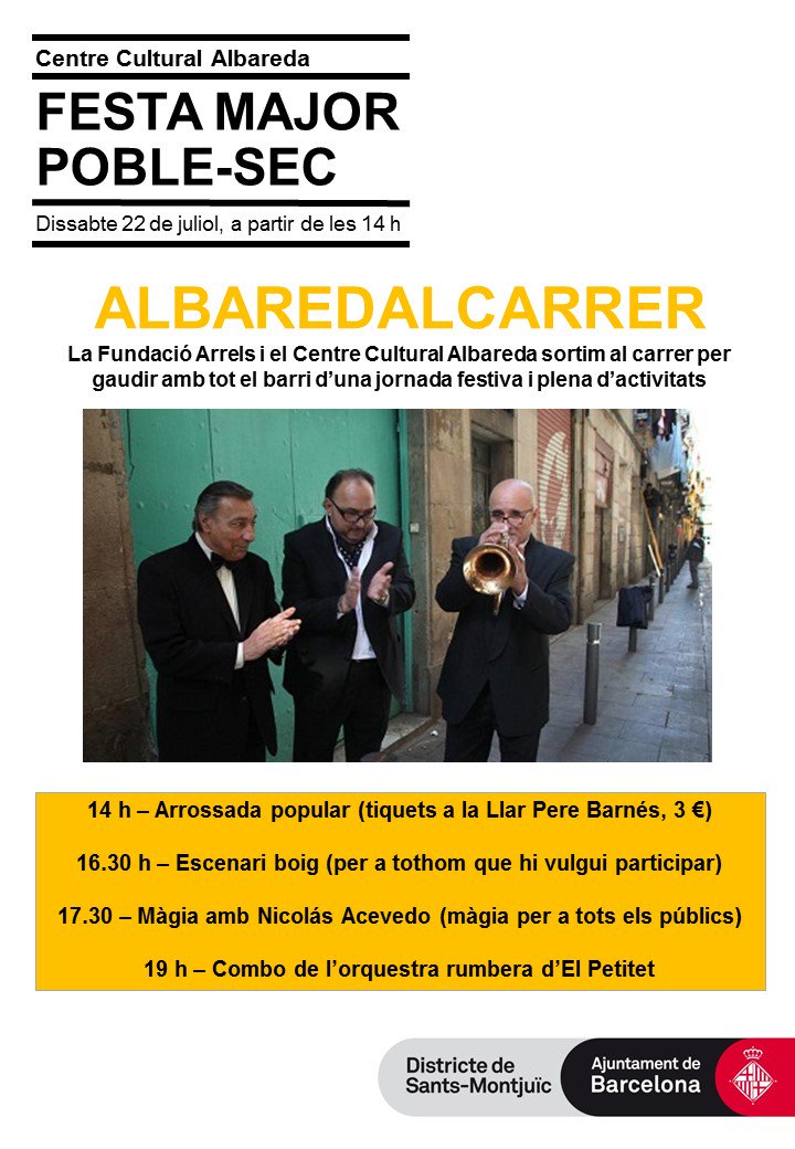 ccalbareda's tweet photo. Demà celebrem la #FMPoblesec17 amb la Llar Pere Barnés: arrossada,  escenari boig, màgia i un combo de l'orquestra rumbera del Petitet. https://t.co/G0RhBmTLGN