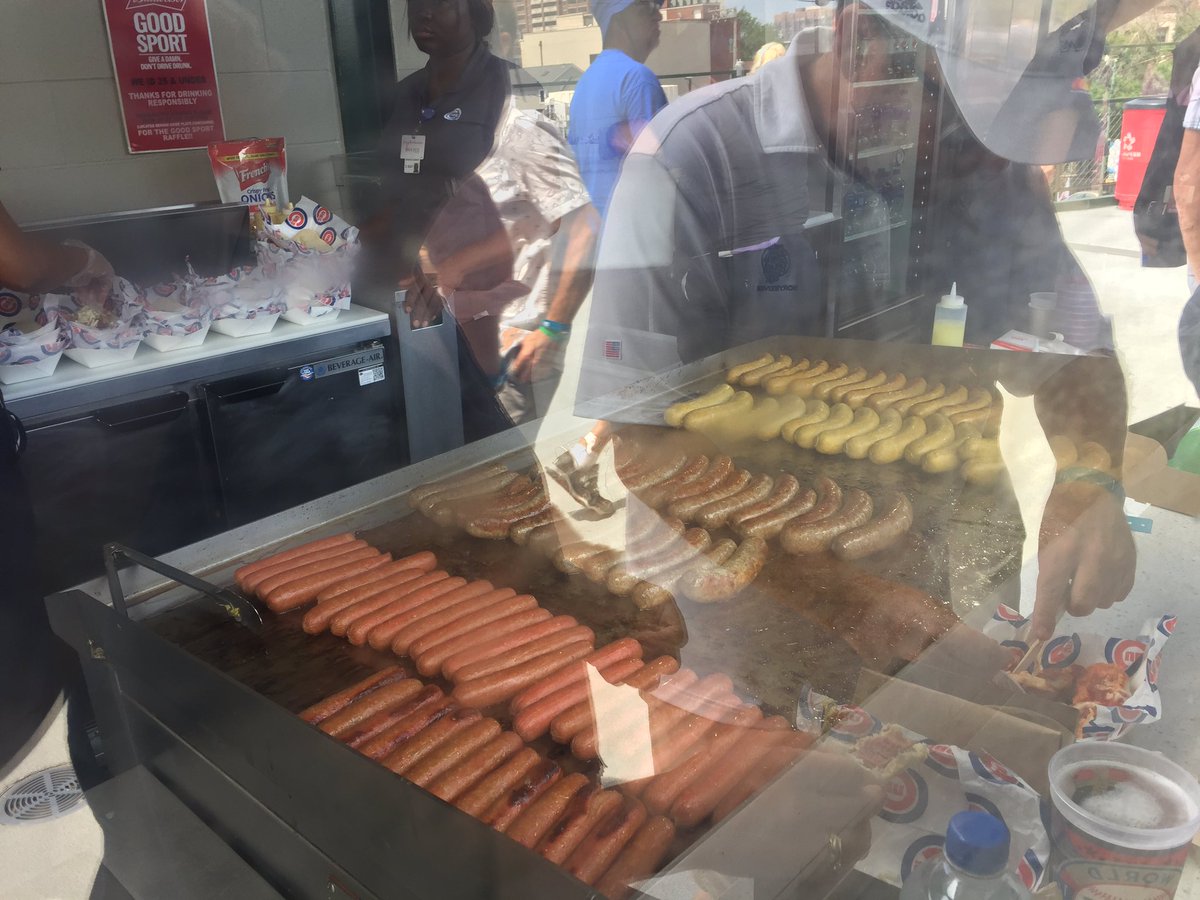 hotdougs's tweet photo. It's a toasty one today and the @Cubs are almost as hot as the sausages! @LevyRestaurants @djjc911 #EncasedMeats #Platform14 https://t.co/tFkNaISwGW