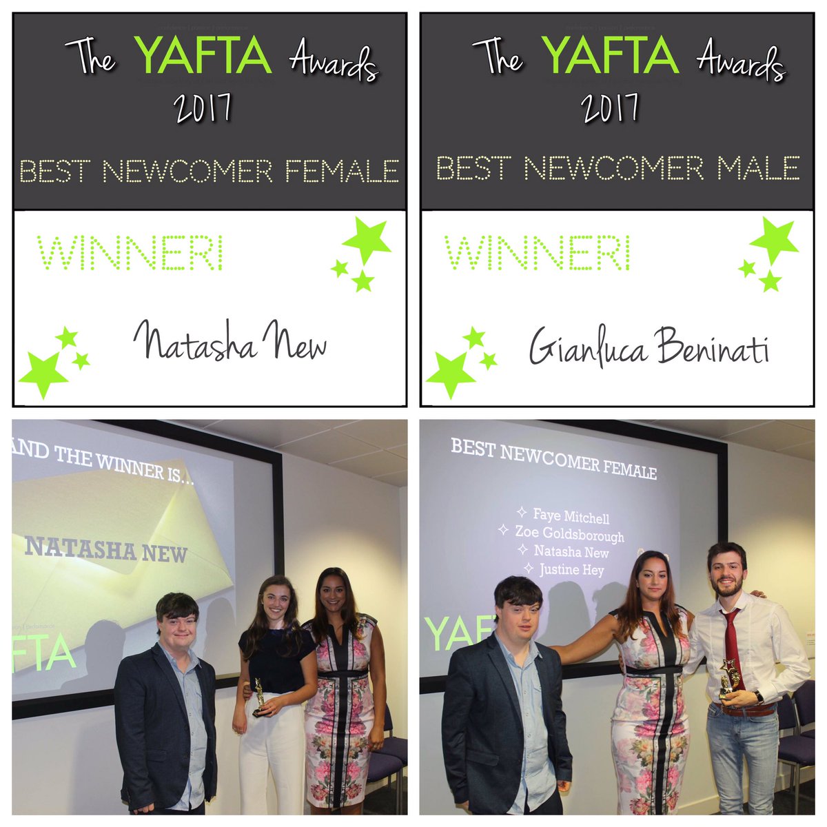 YAFTAUK's tweet photo. #NatashaNew and #GianlucaBeninati are our Best Newcomer #Awards Winners. We're excited to see them develop as #actors. #talent https://t.co/2jafn5HsJN