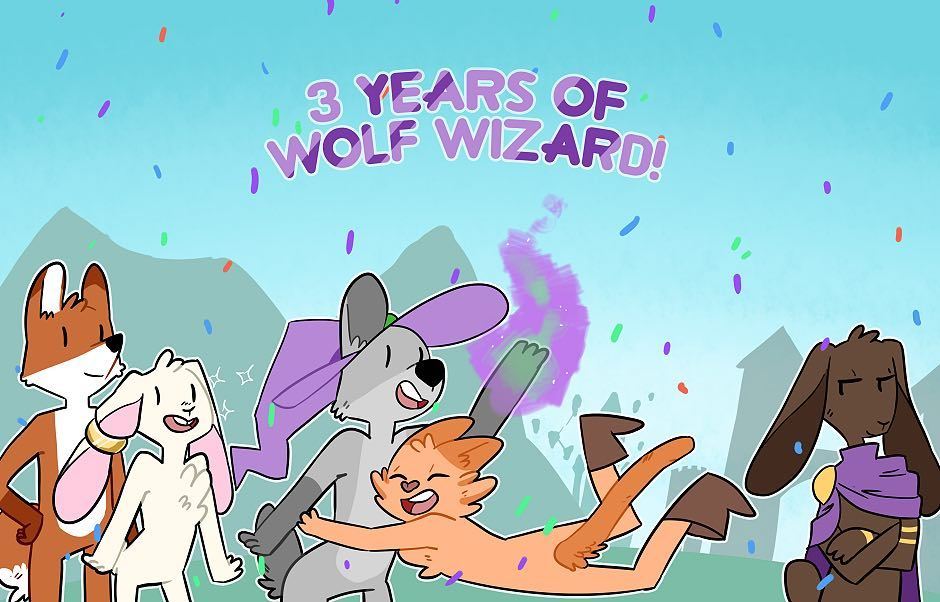 EllaMRed's tweet photo. My webcomic celebrates its three year anniversary today yay 🎉✨💖 #wolfwizard #comic #webcomic #art #animals #comics… https://t.co/65EJ3akVtL https://t.co/0ub3IARBoT