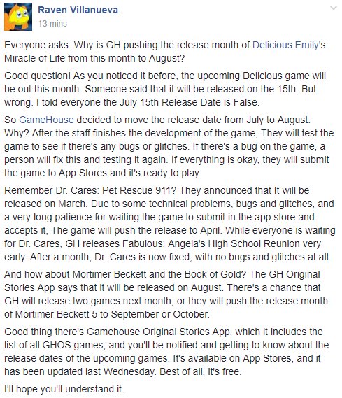 GlamPrincess29's tweet photo. My statement regarding to the release of the upcoming Delicious: Emily's Miracle of Life:
#DeliciousEmily @GameHouse @SebastiaanVW https://t.co/PacyAZbT6k