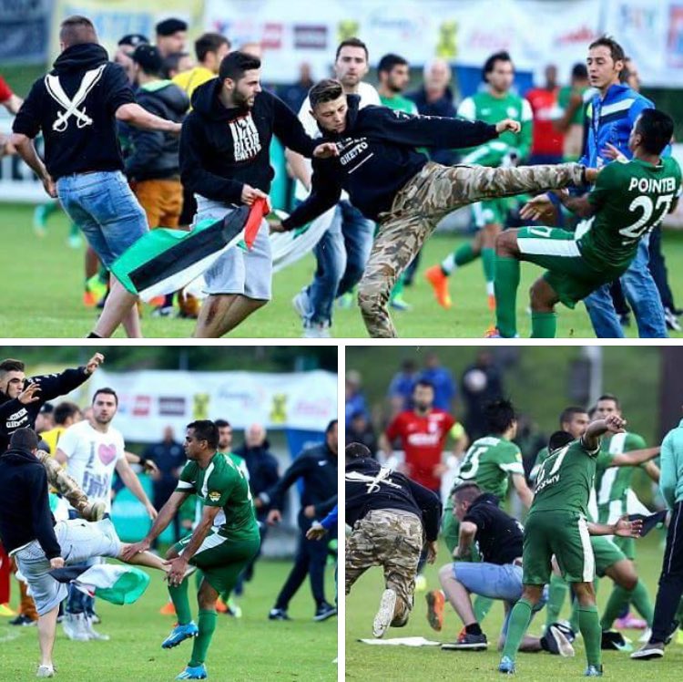 MafiaWasit's tweet photo. SUporter asal Perancis maSUk ke lapangan dan menyerang pemain Maccabi Haifa FC karena kejahatan yang dilakukan penjajah Israel di Palestina. https://t.co/wRbfQu0fGu