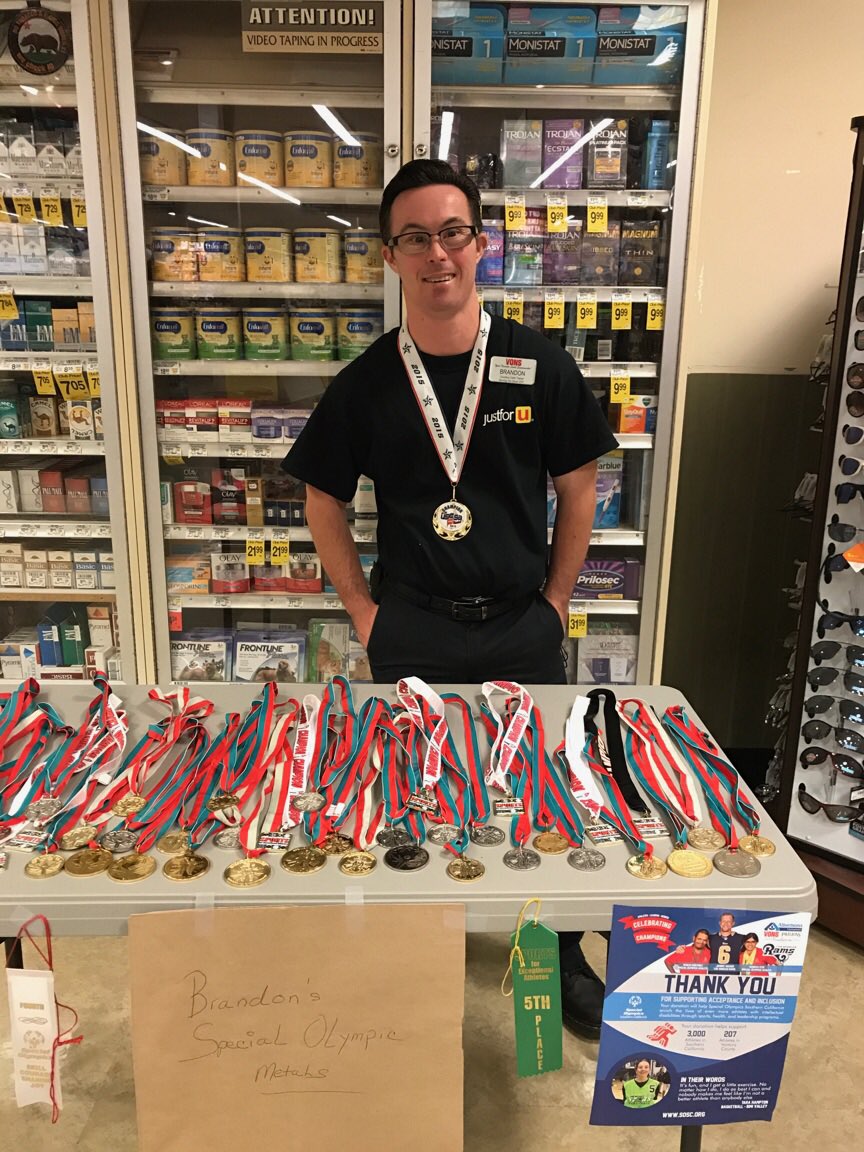 ilovebathsaltz's tweet photo. This is Brandon, he works at the Vons in Moorpark. Today he brought in his special olympics medals, tell him good job if u have a chance ☺️ https://t.co/QKBELPLg3c