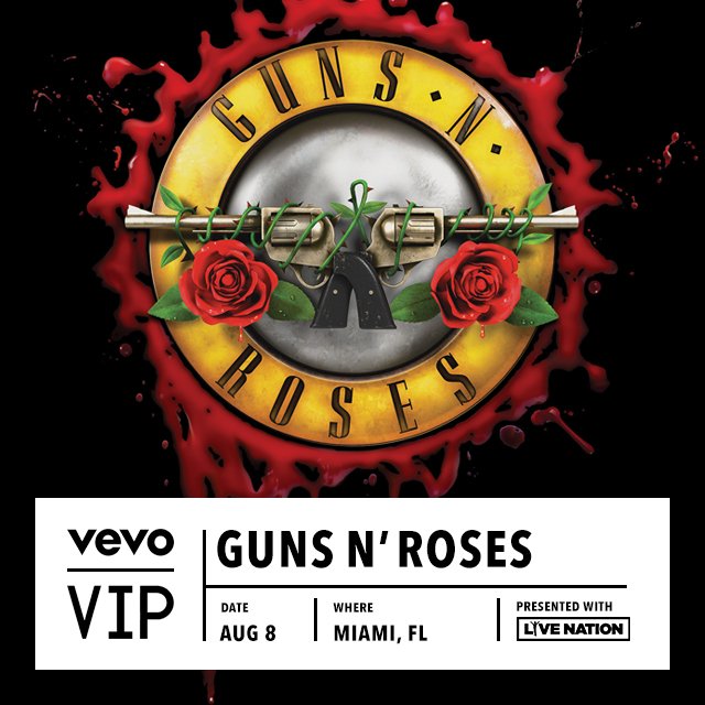 Vevo's tweet photo. On the 30th anniversary of #AppetiteForDestruction, we have a special #VevoVIP for you to see @gunsnroses! Enter now https://t.co/n65hHwuACK https://t.co/tooFoA40dz