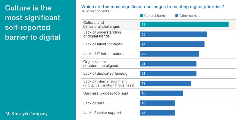 McKinsey's tweet photo. Shortcomings in #organizational #culture are one of the main barriers to company success in the #digital age https://t.co/Gvtm6Dew2h https://t.co/0AKtpaq9Lx