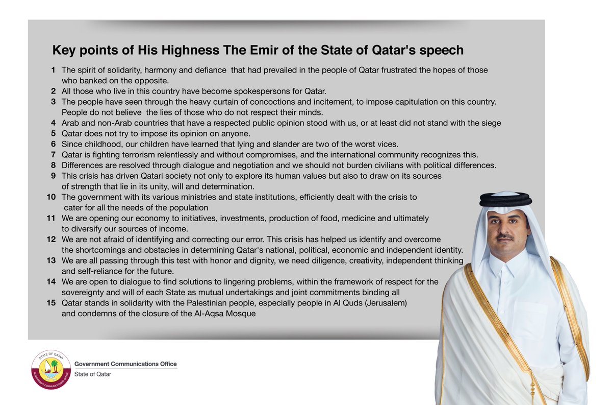 saifaalthani's tweet photo. Key points of His Highness The Emir of the State of Qatar's speech https://t.co/5YfaAVBQ4R