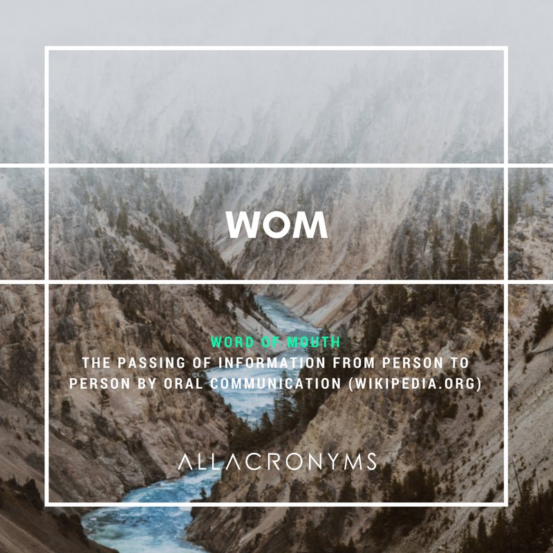 AllAcronyms's tweet photo. Today's featured acronym: WOM
by https://t.co/cTudDbugs3
#acronyms #abbreviations #initialisms #media #marketing https://t.co/EAaVXiTpbu