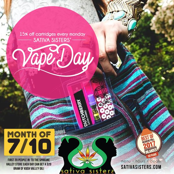 SativaSistersWA's tweet photo. It's #Vape Day all #cannabis #vape #cartridges on #sale like @artizencannabis #Dutchberry! #passthatdutch #weed #pot https://t.co/t57ZkyeqG0