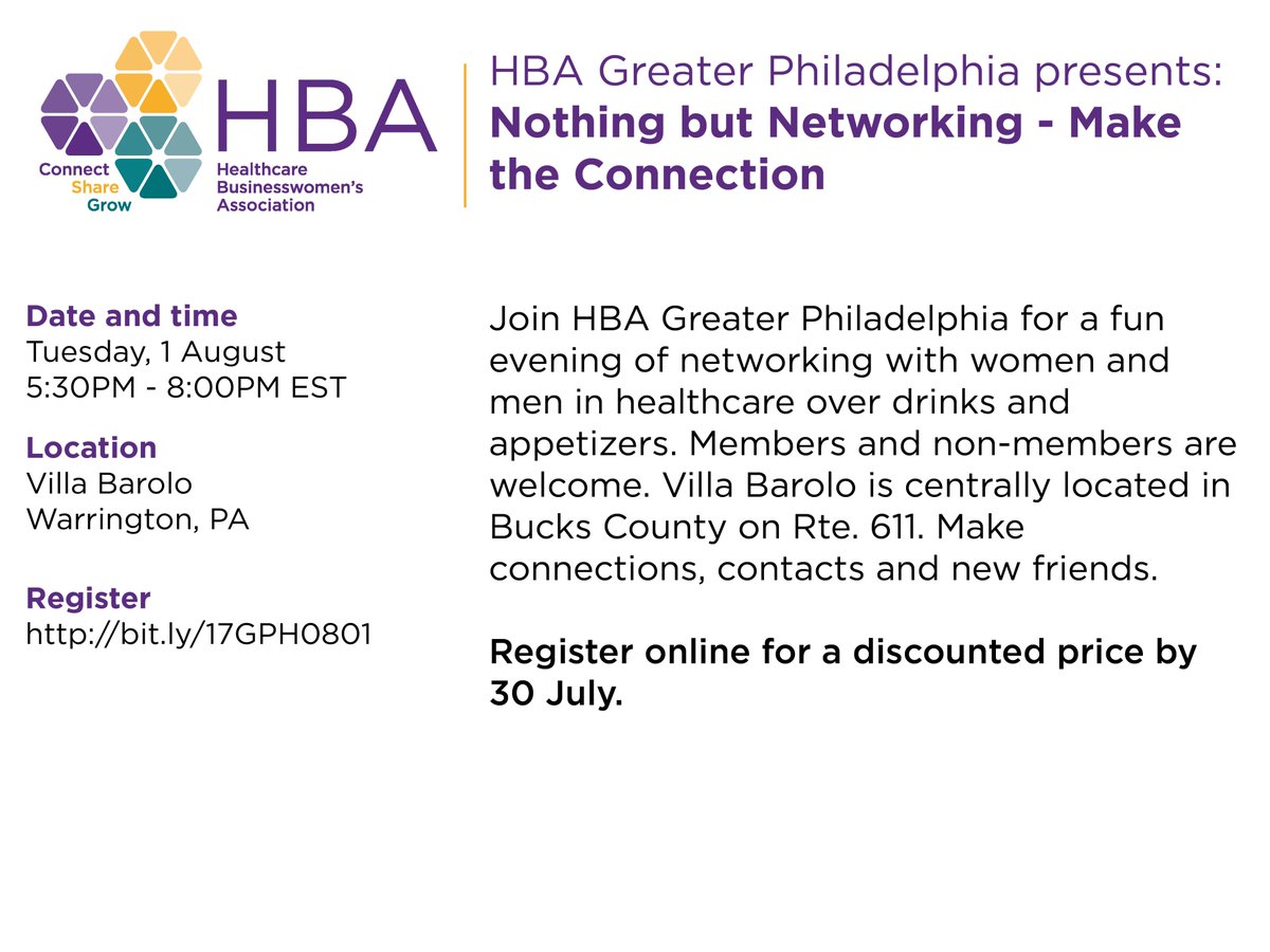 Nothing but Networking! Join us Aug 1 for fun night of networking w/drinks &amp; appetizers. Reg by Jul 30 for discount bit.ly/2gQn8CT