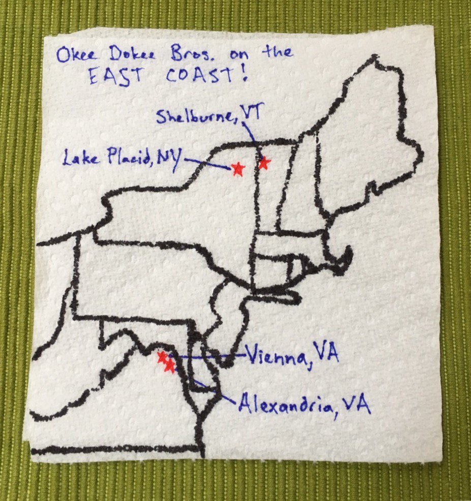 OkeeDokeeBros's tweet photo. NY VT & VA - we're heading your way next week for some live shows! #Mapkin
Show details: https://t.co/UxzNad8AFX https://t.co/dt4ZRUzBRB