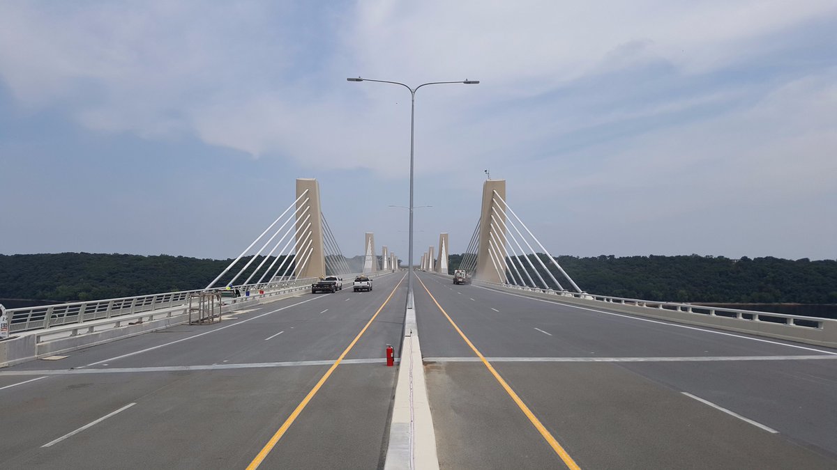 stcroixcrossing's tweet photo. Lane striping on the bridge is complete, with crews grinding for lane markers on Wednesday &amp; painting lanes yesterday. Photo from July 20. https://t.co/uEGF8A76xM