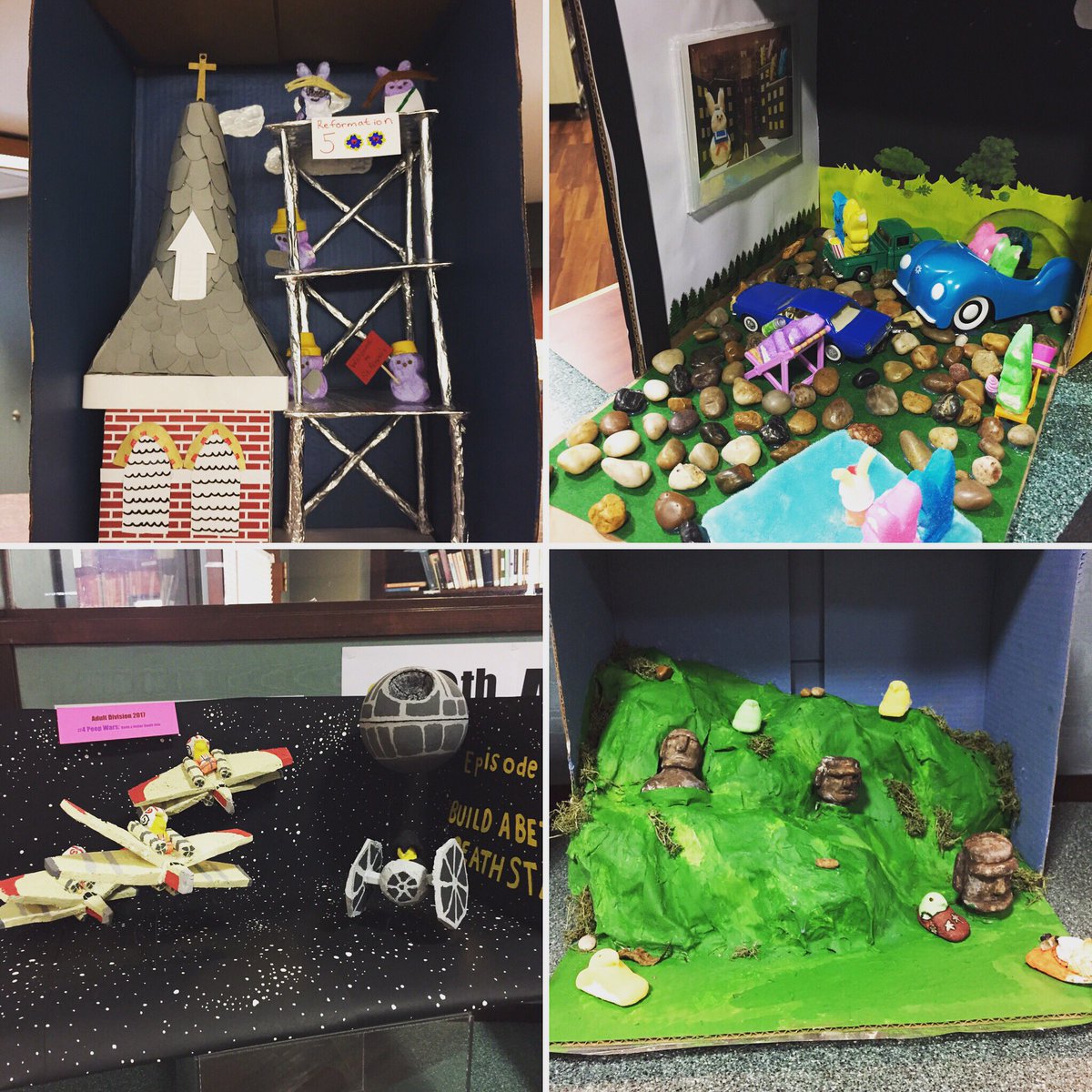 FCDLibrary's tweet photo. Everyone really outdid themselves creating their #PeepArt this year. Vote for your favs during the #Artwalk tonight! #lancasterfestival https://t.co/llD8ok0y55