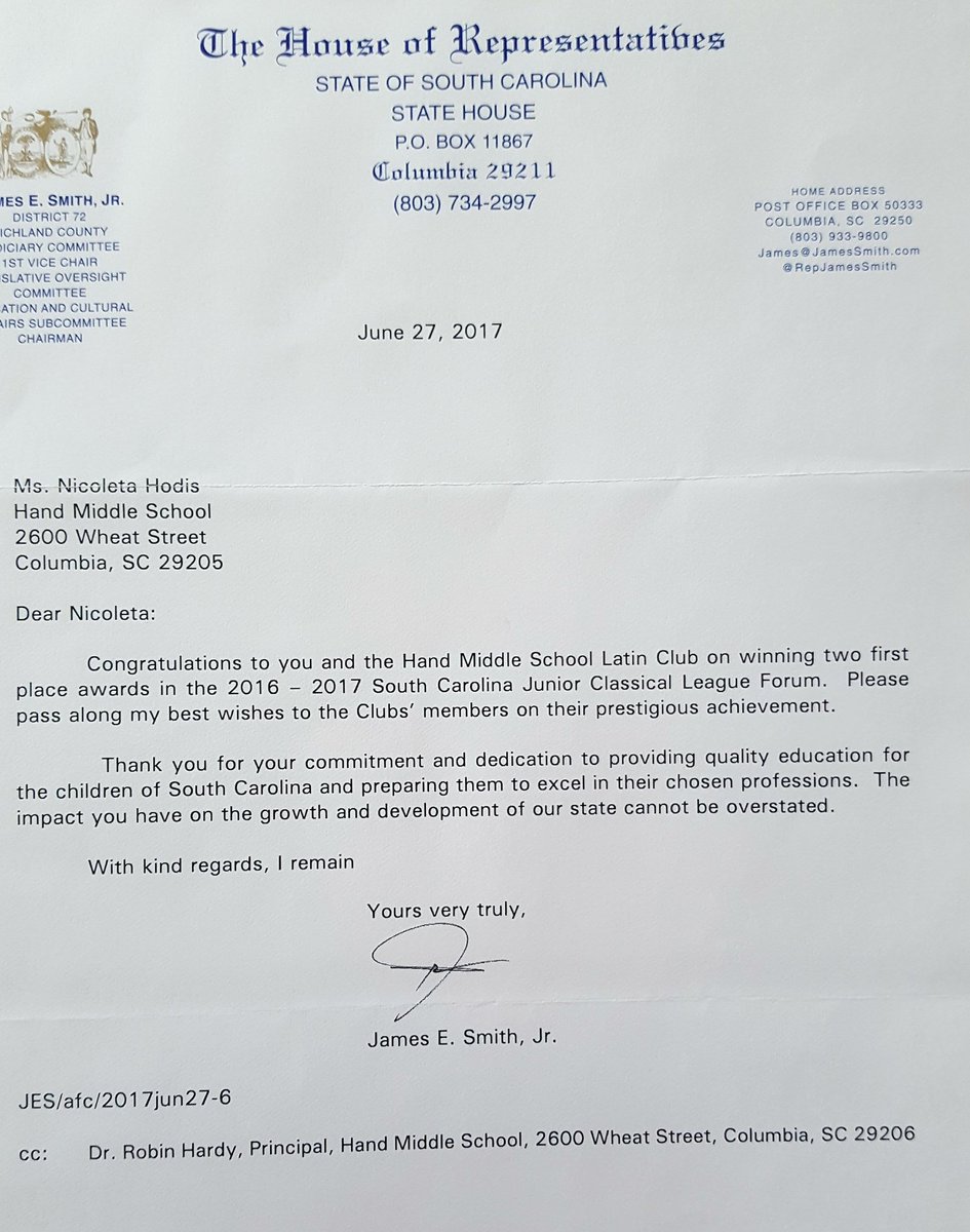 HodisMagistra's tweet photo. Pleasant surprise in the middle of the summer:a letter from the SC House of Representatives James E. Smith, Jr @HandMiddleSC @FLRichlandone https://t.co/Fxmcfw0fc8