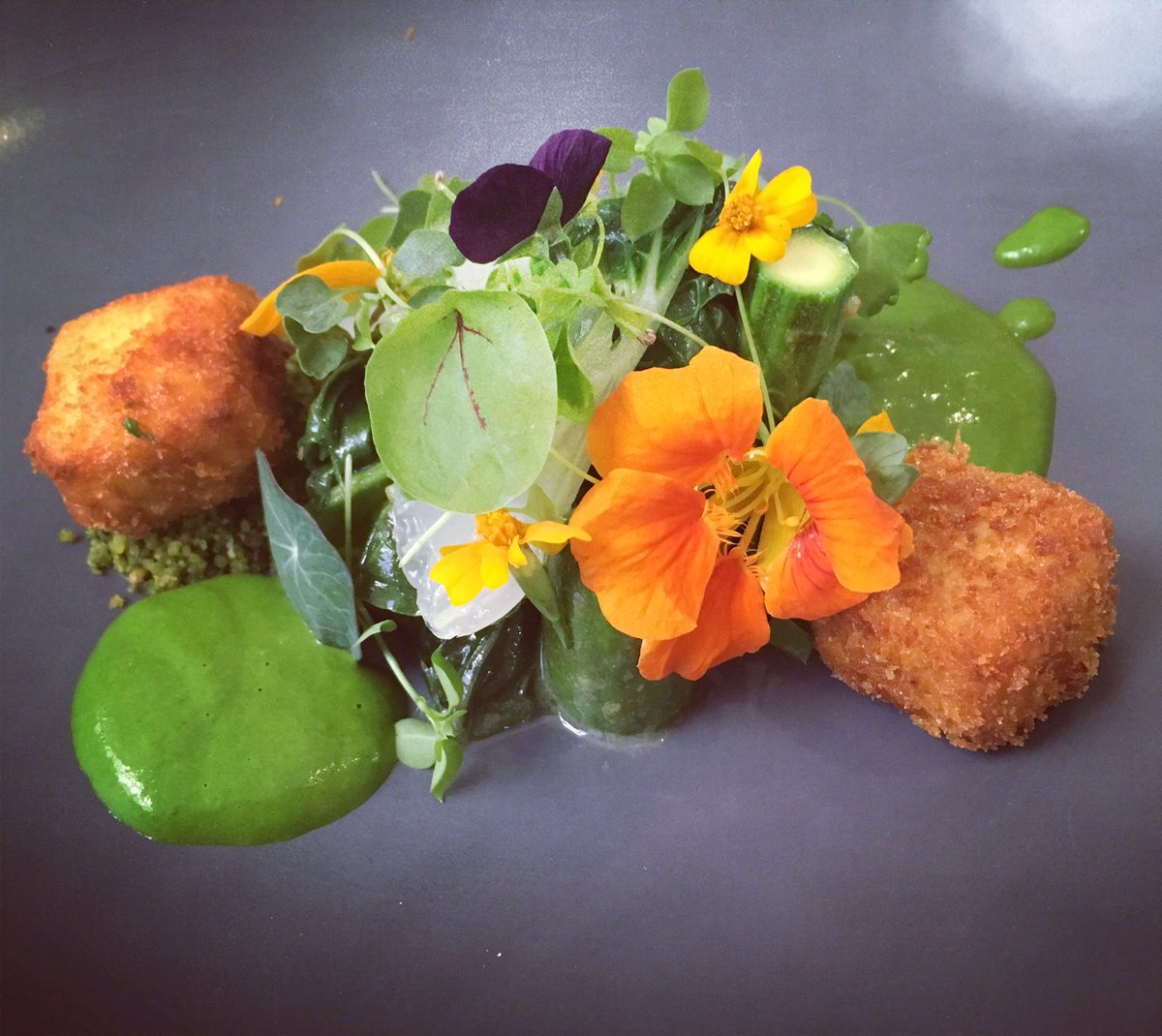 OutAboutYork's tweet photo. Lovely meal at @ArrasRestaurant #york. Fresh vegetable starter-chickpea &amp; garlic fritters, with 'garden soup' #yorkfood #yorkrestaurants https://t.co/FTTjnDPK3U