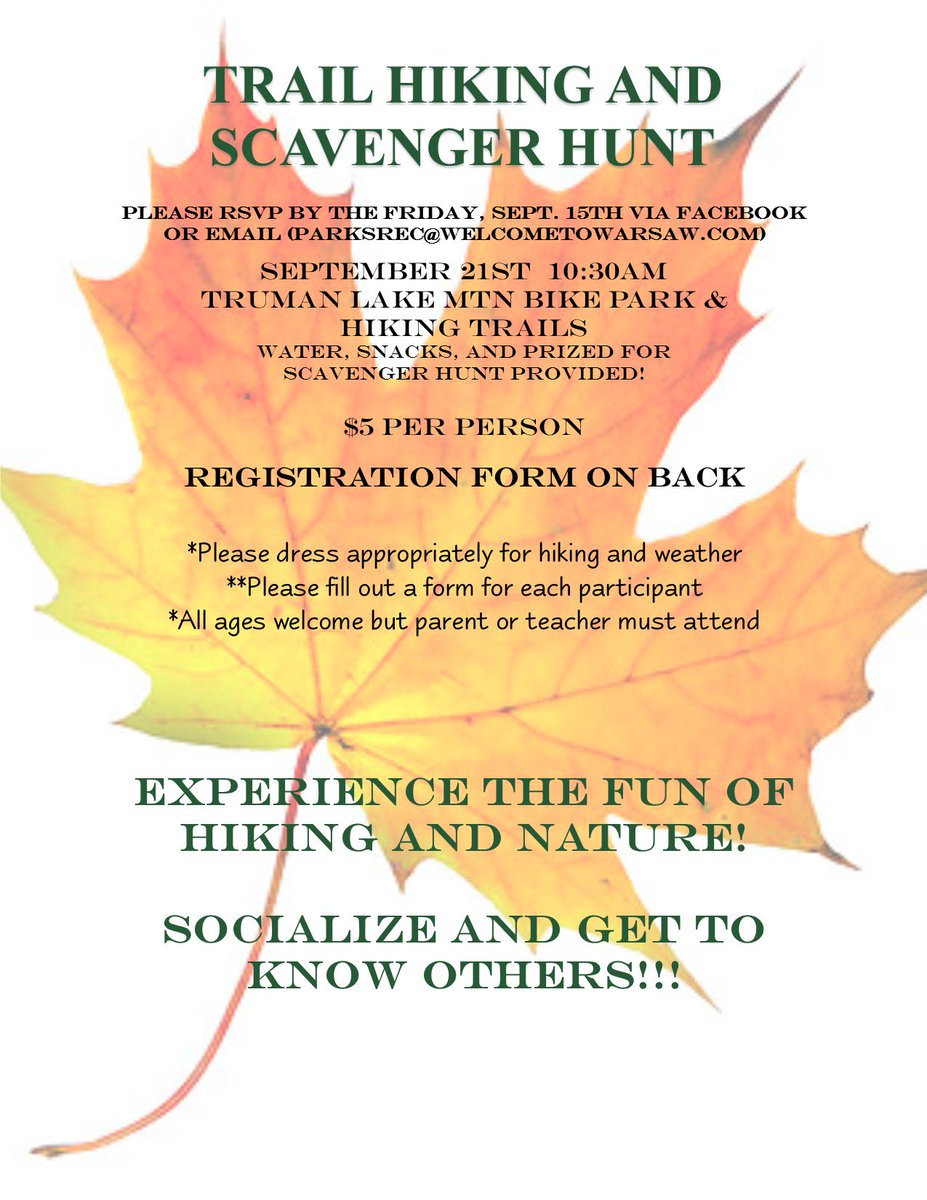 warsawrec's tweet photo. Trail Hiking and Scavenger Hunt Sept 21st-10:30am - Truman Lake MTN Bike Park &amp; Hiking Trails. Come experience the fun of hiking and nature! https://t.co/4QkKfFq99z