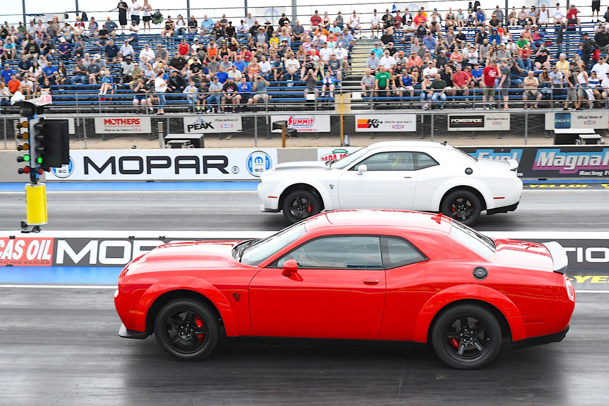 .<a href="/MattHagan_FC/">Matt Hagan</a> took on @LeahPritchettTF in the drag strip debut of the <a href="/Dodge/">Dodge</a> Challenger SRT Demon. Pritchett took the win. #MOPARMileHighs