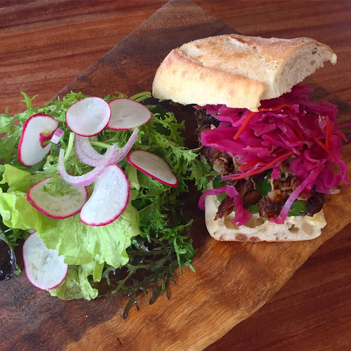 GrondinKitchen's tweet photo. Duck Sofrito Sandwich | duck confit, cultido, aioli, jalapeño, baguette, Kolea greens #brunch #frenchlatin #hiddengem #chinatownhi #hawaii https://t.co/W83OKlnFGj