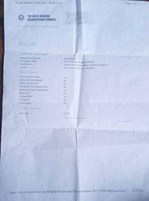 DrDamages's tweet photo. She made A1 in all the 9 subjects she took in WASCE. Please tell Gov. Ugwuanyi of Enugu state to send her to a very good university. https://t.co/eCBxJr689Q