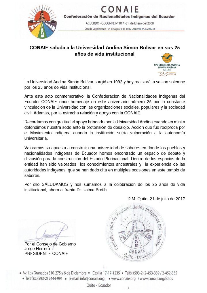 CONAIE_Ecuador's tweet photo. RECONOCIMIENTO a lucha recíproca con Movimiento Indígena, org. sociales y populares de la @uasbecuador
Celebramos #Andina25Años @jaimebreilh https://t.co/rCKsbQDPpD
