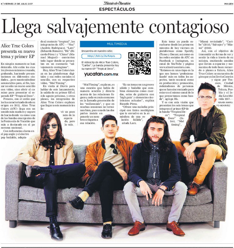 RenataMarrufo's tweet photo. Versión impresa de la entrevista en @DYImagen @DiariodeYucatan con @AliceTrueColors por su sencillo #MalTiming y su nuevo EP #TropicalDeco https://t.co/nJEOWOSRIy