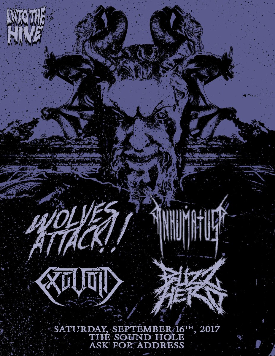 biosphereablaze's tweet photo. Flier I designed for a show in September. #metal #hardcore #WolvesAttack #Inhumatus #Exovoid #Buzzherd #thrash #deathmetal #crossover #punk https://t.co/RixjAraIau