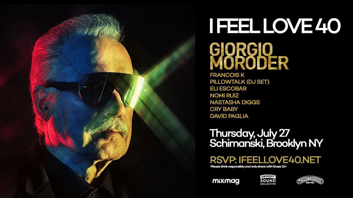 NYCRaves's tweet photo. *NEW EVENT*

I Feel Love 40 ft. @GiorgioMoroder &amp; Friends at @SchimanskiNYC on Thursday, July 27th

RSVP: https://t.co/4XDbtzMpPs https://t.co/kuqPrVjOsl