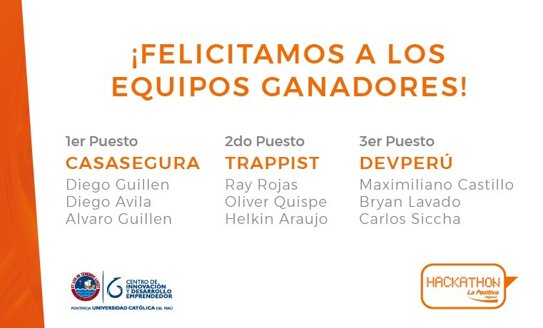 LAB_Positiva's tweet photo. Queremos felicitar a los equipos que participaron en la primera #HackathonLaPositiva, a su vez presentamos a los ganadores ¡Felicitaciones! https://t.co/Rq3cq6BQLJ