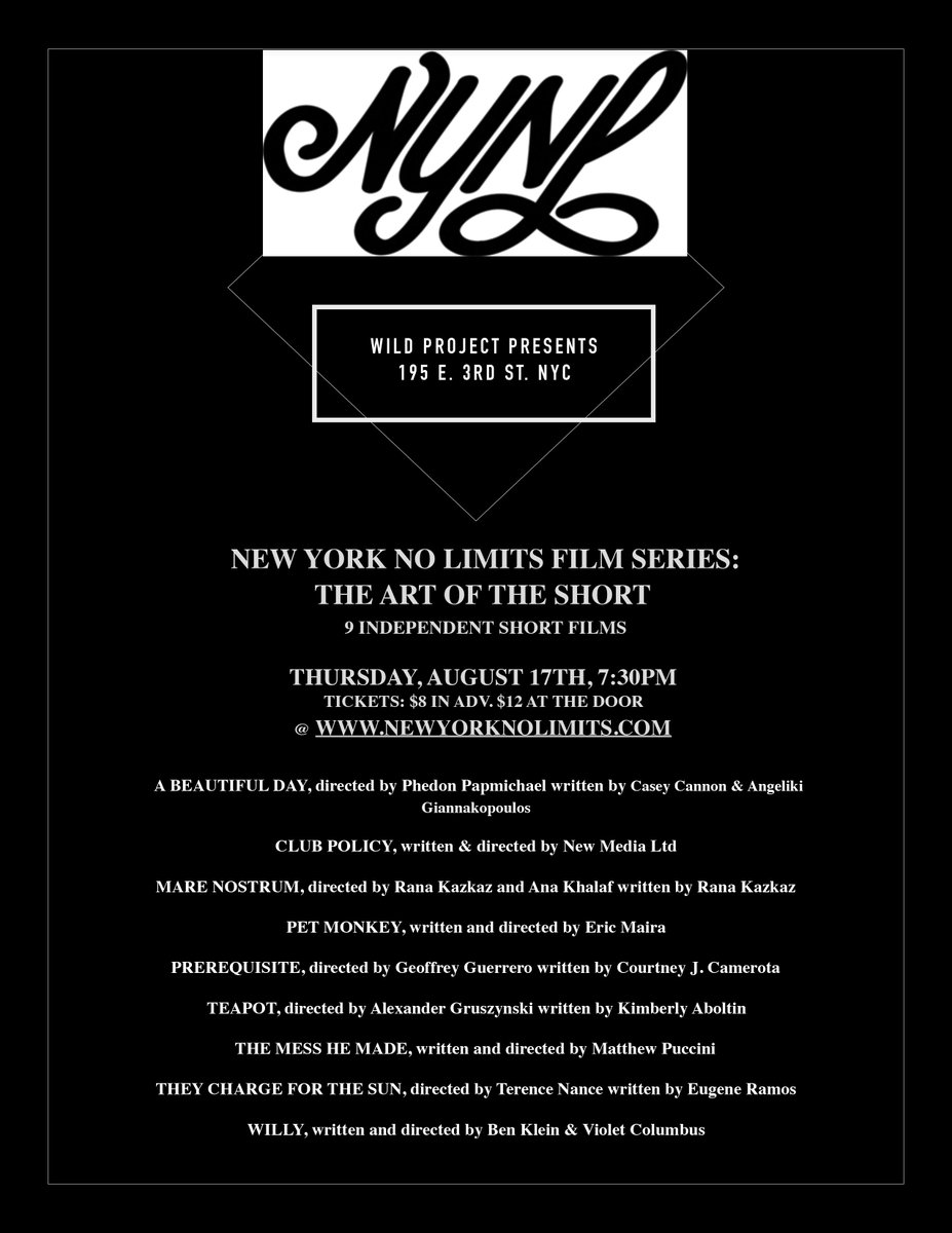 NewYorkNoLimits's tweet photo. @wildprojectnyc presents #NewYorkNoLimitsFilmSeries #ArtoftheShort #event Thurs.8/17, 7:30pm $8 adv. tix - https://t.co/tJwDwzgb1u #film https://t.co/TiAV2MAW5d