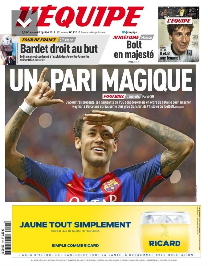 ActuFoot_'s tweet photo. "Un pari magique" en Une de @lequipe ce samedi. https://t.co/B2oCMGdnMu