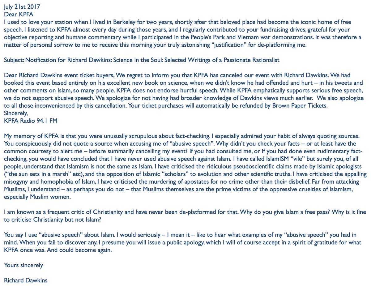 LKrauss1's tweet image. Brilliant response from @RichardDawkins to KPFA's ridiculous cancellation of his lecture Aug 9.