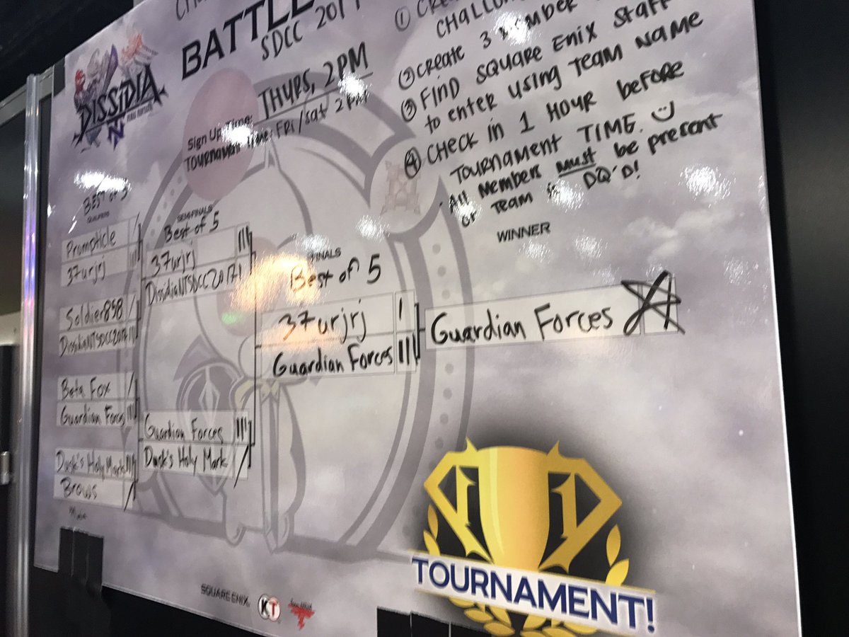 FinalFantasy's tweet photo. Mad props to "Guardian Forces" our #SDCC2017 Battle Tournament Champions! ๐ฅ๐ฅ๐ฅJoin our final tournament tomorrow!!! #Dissidia #FF30throwdown https://t.co/TrGpVFVcT4