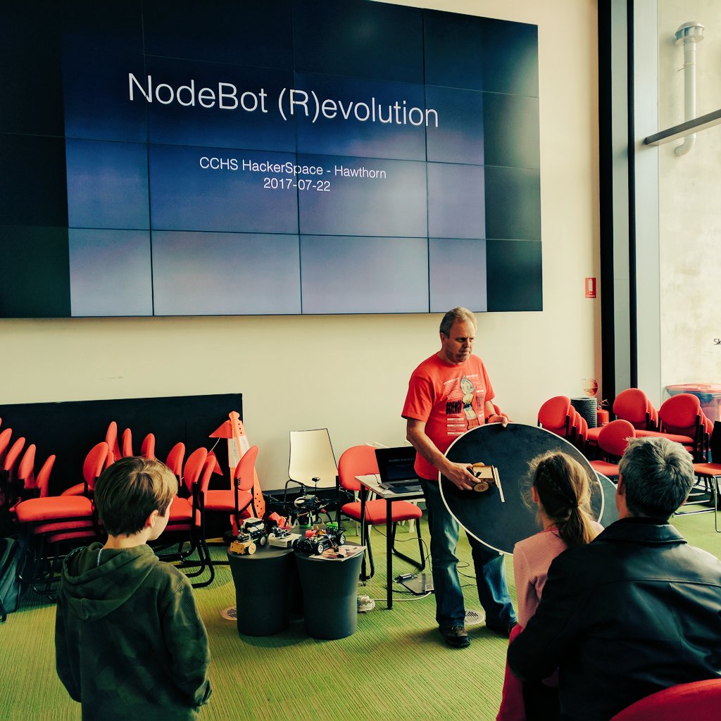 At #nodebotsday <a href="/geekscape/">Andy Gelme</a> giving a talk on going from simple NodeBots to more intelligent, autonomous vehicles.