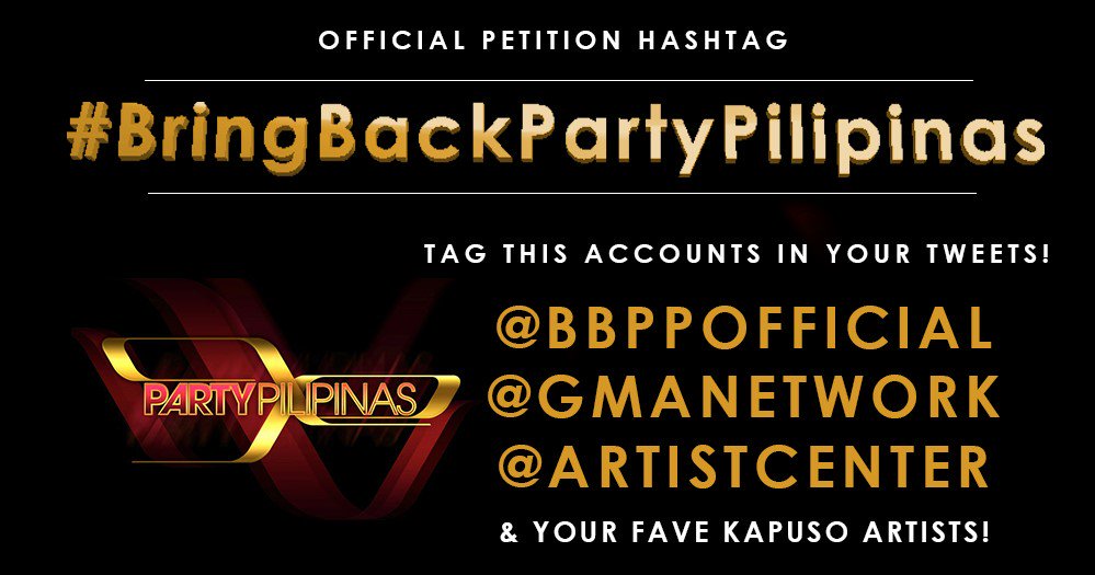 BBPPofficial's tweet photo. DONT FORGET TO TAG THEM! #BringBackPartyPilipinas 
#ALDUBTeamAllOut  @gmanetwork @ArtistCenter https://t.co/O0oPHzVVkD