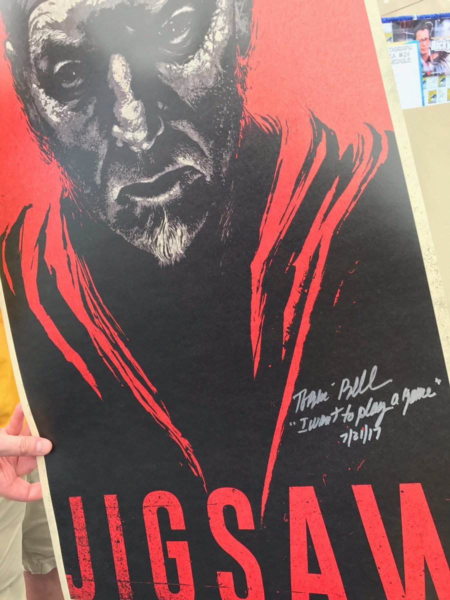 JigsawMovie's tweet photo. #SDCC2017: @officialtobin is signing exclusive #Jigsaw posters now to 2pm PT at Sails Pavilion. https://t.co/ZJCW5xcihb