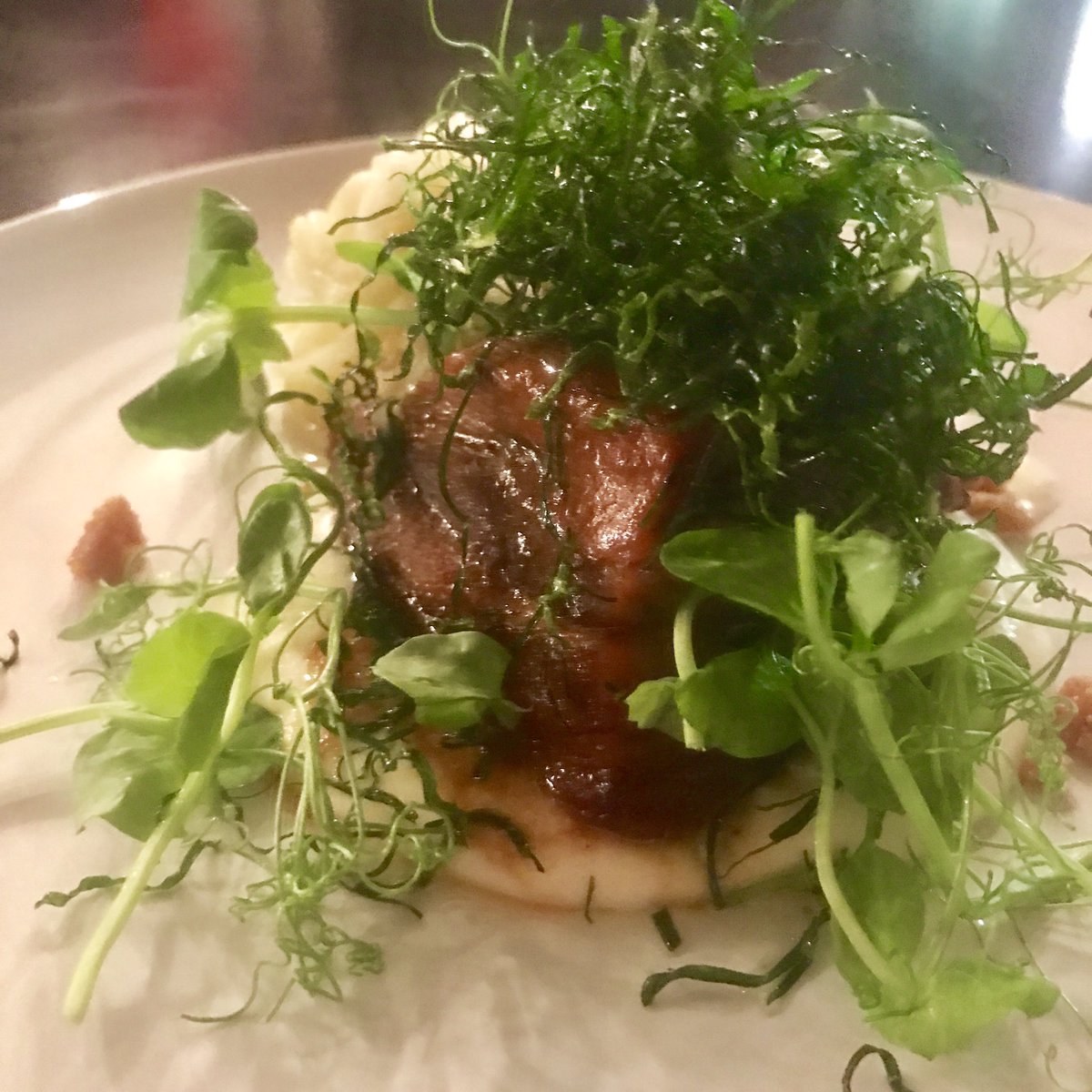 luciana_berry's tweet photo. Braised pork belly, pink guava glazed, cassava mousseline, chayote pickled and crispy green. Playing with texture &amp; flavours @Amala_London https://t.co/DRuhgFOpOl