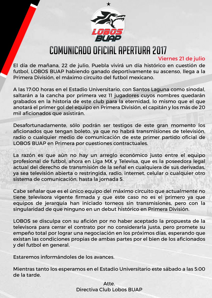 LobosBuapMX's tweet photo. Comunicado Oficial Apertura 2017. https://t.co/ChfpcaGefi