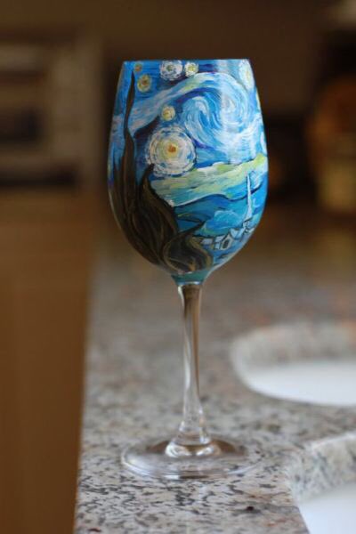 lovefortheeyes's tweet photo. Hand painted wine glass by Jocelyn Coombs recreating Vincent Van Gogh's The Starry Night https://t.co/LDt8NmpJVY