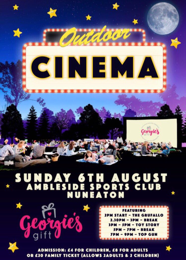 GeorgiesGift's tweet photo. What are you doing on 6th August. Book your place at our outdoor cinema. Kids movies in the day with a classic at night. #IFeelTheNeed 🛩😎 https://t.co/VbZCwj1zPq